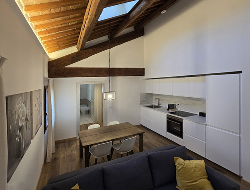Sala cucina di un appartemento della Residenze la Barchessa